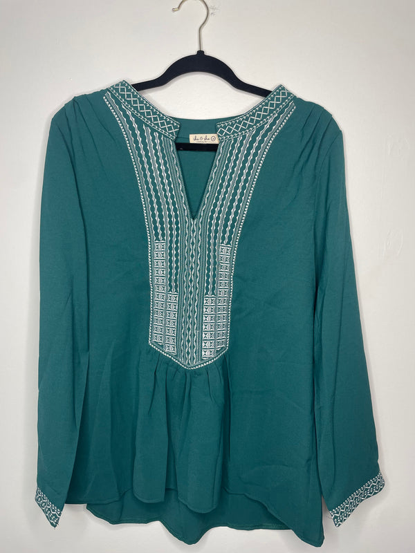 Embroidered Detail Emerald Blouse tunic top tee shirt long sleeves