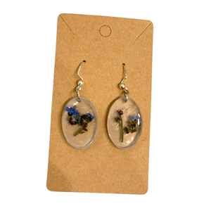 Sapphire Serenity - Oval Epoxy Resin Earrings with Blue Flowers