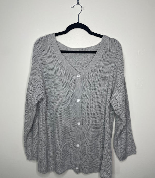 Gray V-Neck Button Sweater