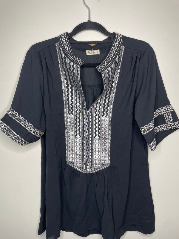 Embroidered Detail Black Blouse