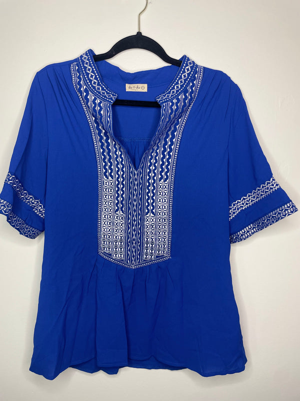 Embroidered Detail Royal Blue Blouse