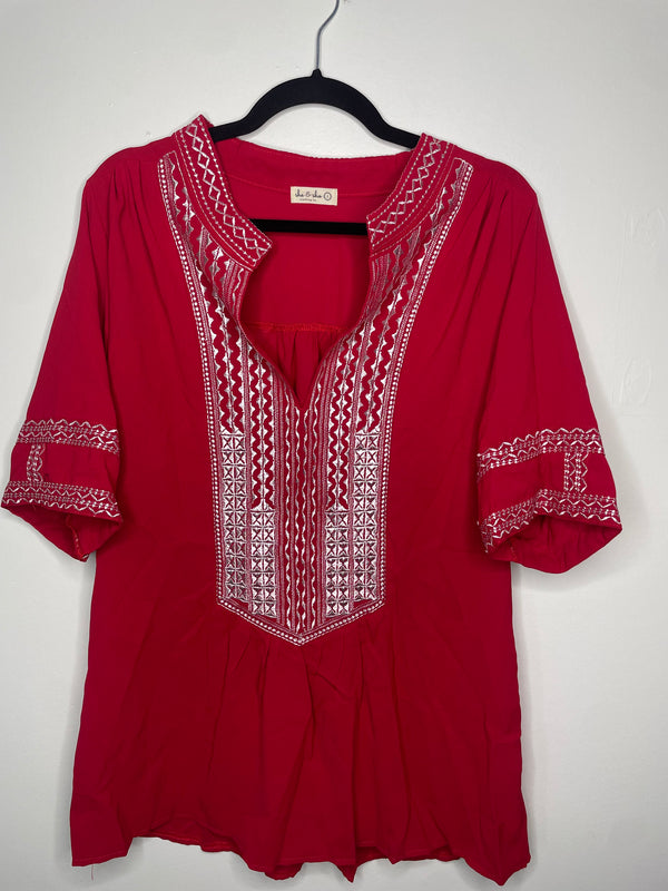 Embroidered Detailed Red Blouse